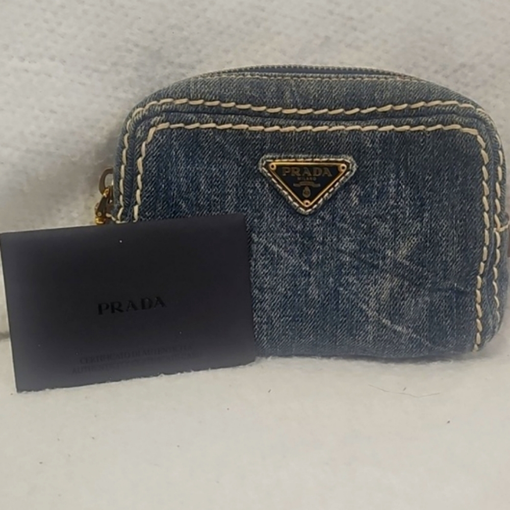 PRADA LOGO PLATE DENIM COSMETIC POUCH BAG BLUE - Picture 11 of 12